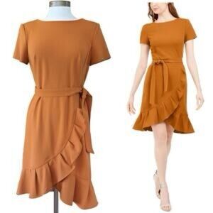 Calvin Klein Asymmetrical Rust Tulip Hem Crepe Dress Size 8